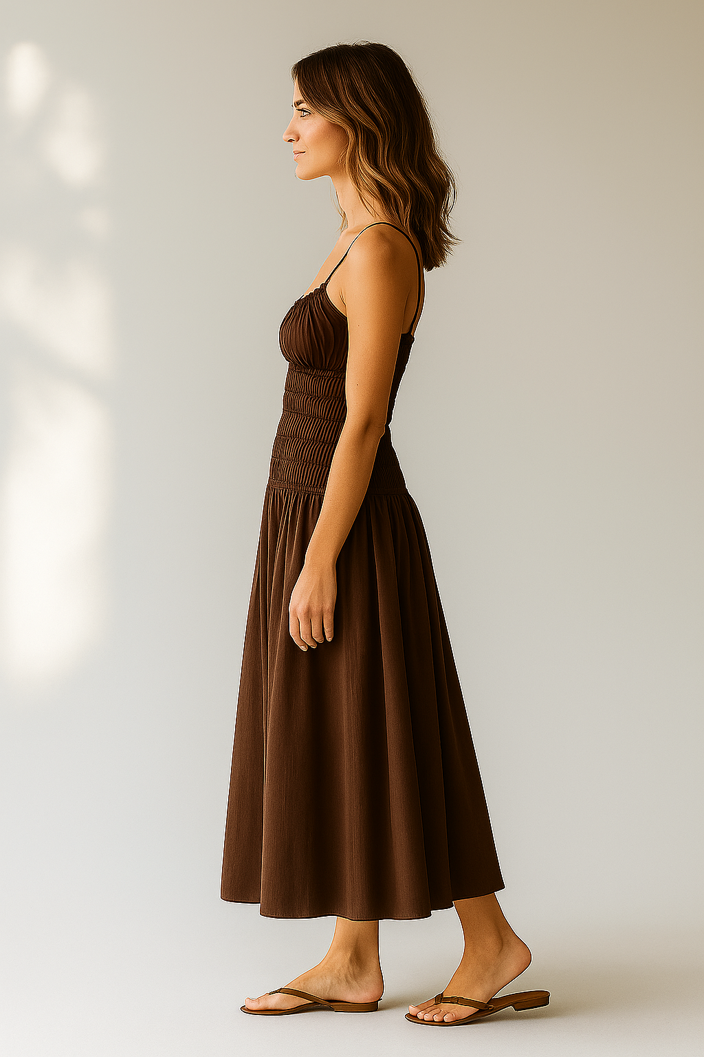 Brun ærmeløs maxi-kjole til kvinder med smocket overdel